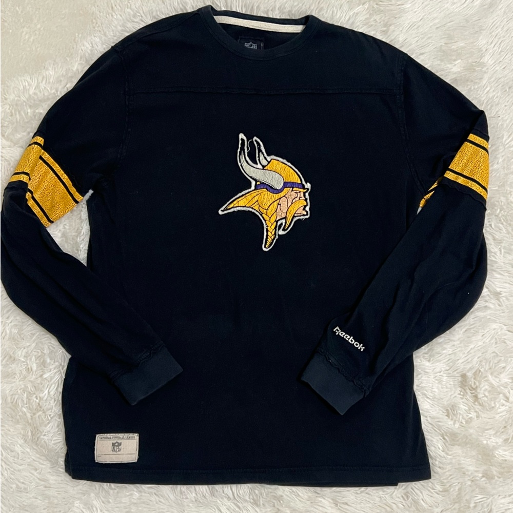 Reebok NFL Vintage Minnesota Vikings LS  Shirt Men’s Large Distressed Logo Black